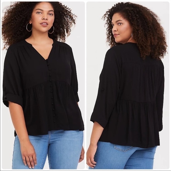 torrid Tops - Torrid Button-Front Crop Babydoll Blouse in Black Size 2X